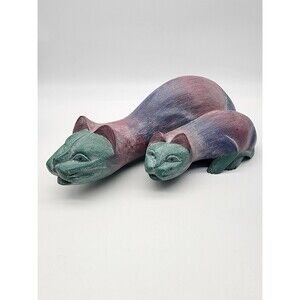 OOAK colorful 16" Purple Wood Hand Carved CAT Statue ARTISAN MADE ADULT KITTEN